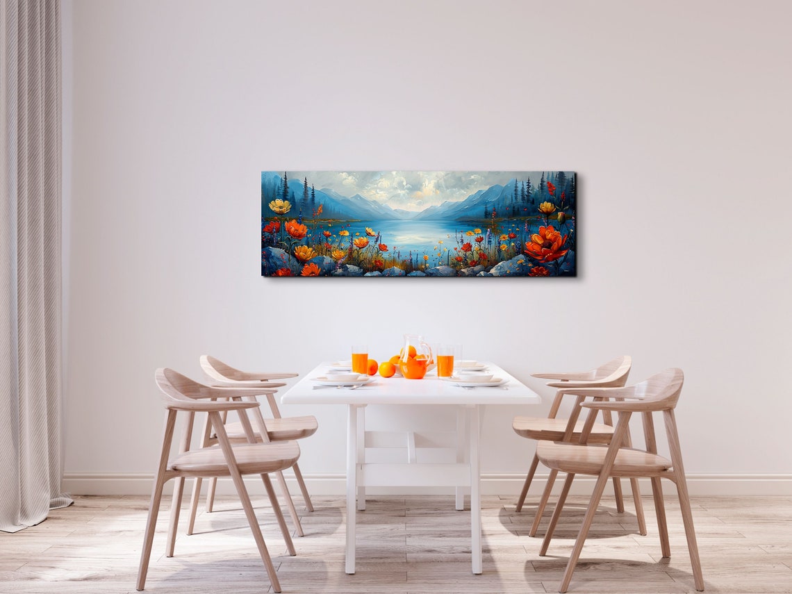 Bold Red Flowers by a Blue Mountain Lake in Acrylic Style Poster - Image 5