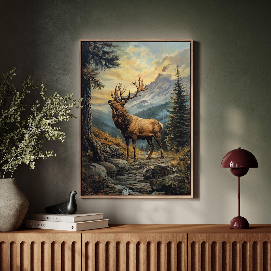Majestic Elk in Mountain Forest, Rustic Art Print