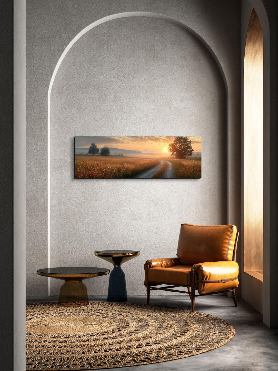 Golden Sunrise Over Wheat Field Dirt Road Misty Morning Poster - Image 6