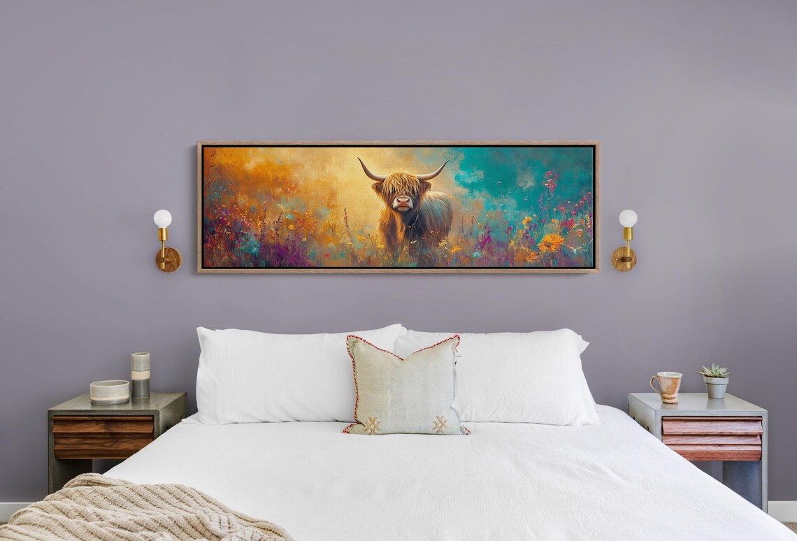 Highland Cow Colorful Wildflower Meadow Vibrant Nature Wall Art - Image 4