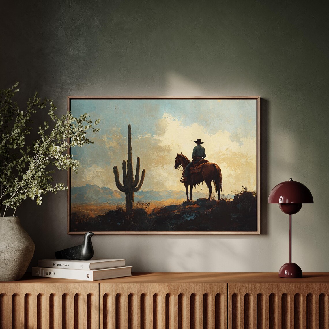 Cowboy Overlooking Desert at Sunset with Saguaro Painting Poster