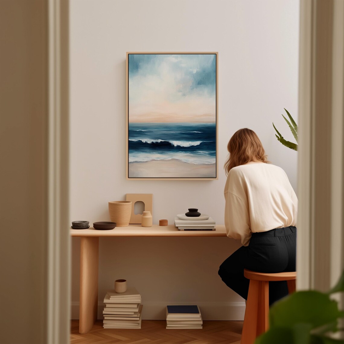 Serene Blue Ocean Waves Pastel Sky Coastal Oil Painting Poster - Image 3