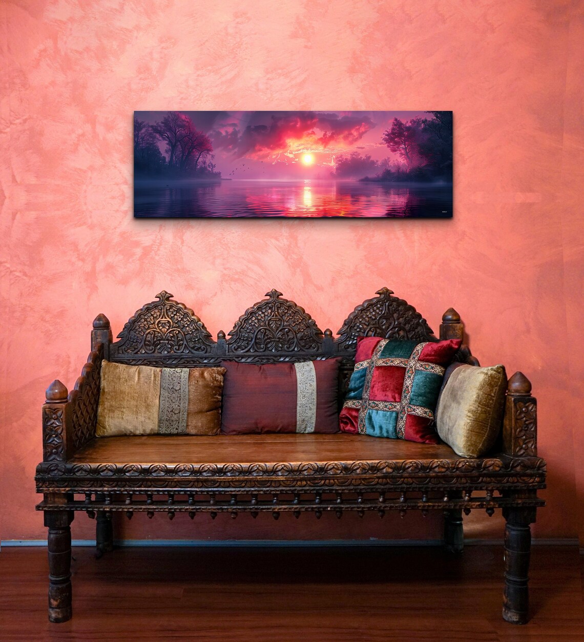 Magenta Sunset Over Lake with Trees Water Reflection Panorama Wall Art - Image 3