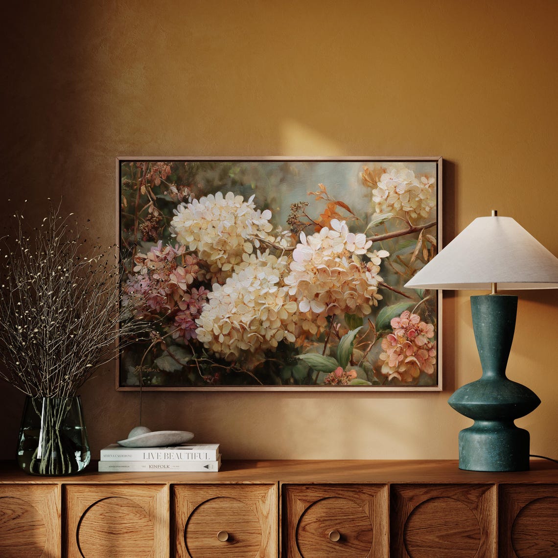 White Hydrangea Blossoms Soft Romantic Botanical Floral Poster