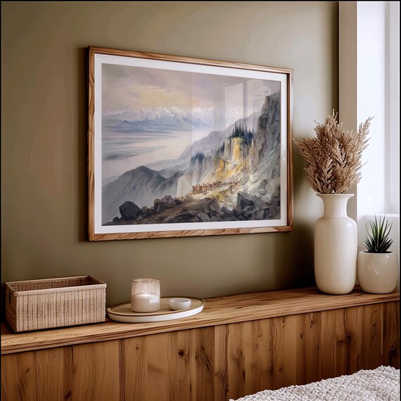 Pioneers Crossing Rocky Mountain Trail Vintage Western Art Poster
