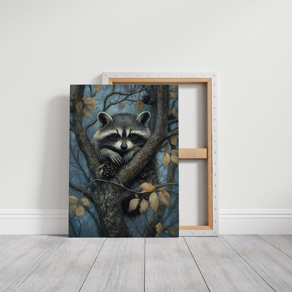 Raccoon Nestled in Autumn Tree With Dark Berries Wildlife Poster - Image 3