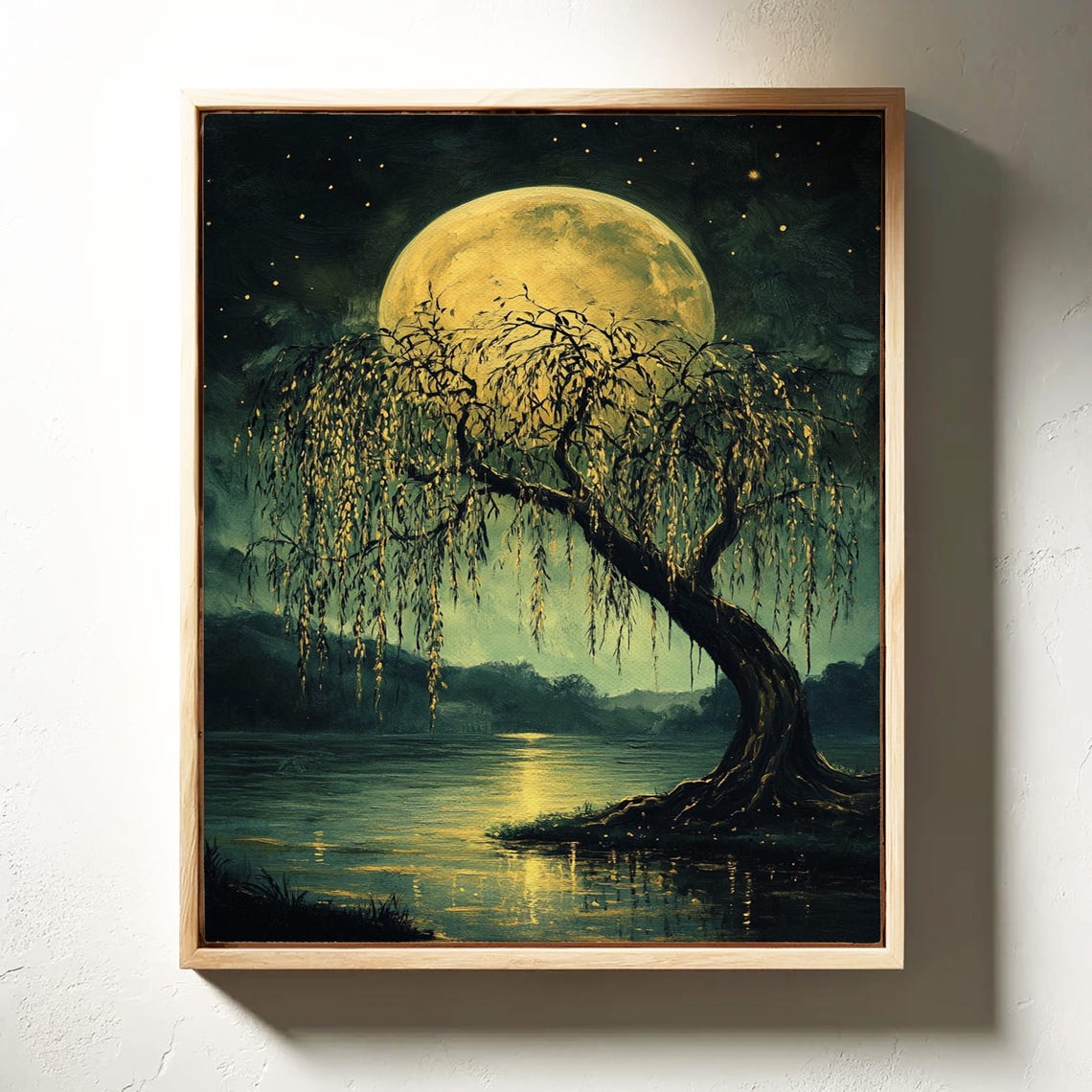 Golden Full Moon Over Lake With Weeping Willow Silhouette Poster - Image 7