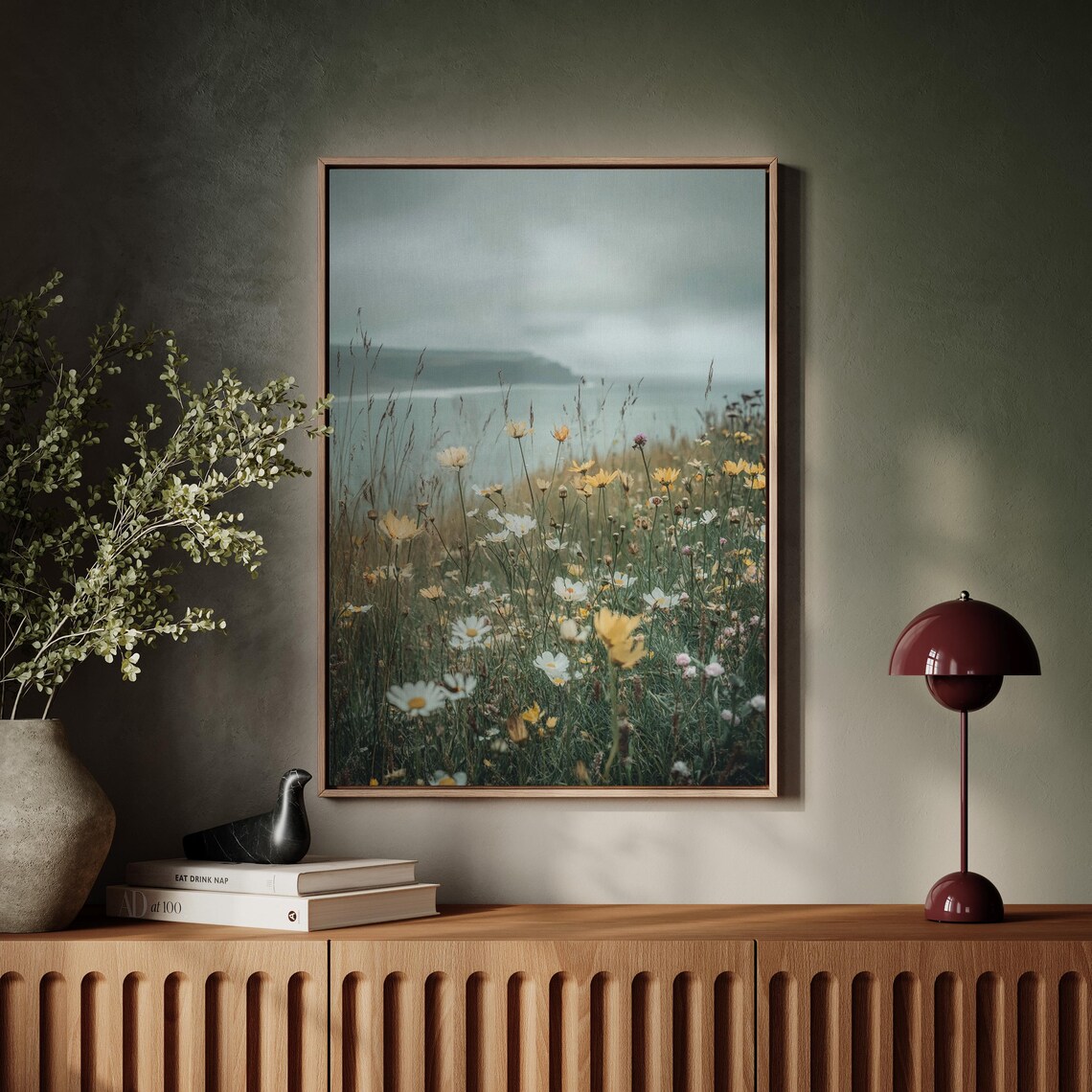 Coastal Wildflower Meadow Daisies by the Sea Ocean View Painting Poster
