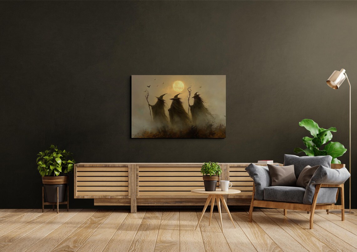 Three Witches in Tattered Cloaks Gathering Under a Glowing Harvest Moon Poster - Image 4