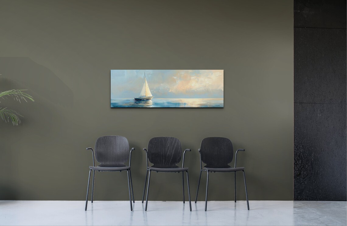 Lone Sailboat On Calm Sea Under Pastel Sky Coastal Art Poster - Image 4