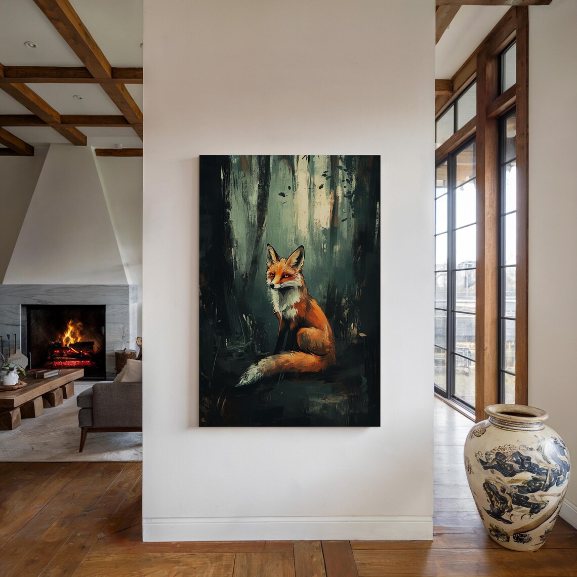 Red Fox Among Tall Dark Trees Painterly Woodland Wildlife Poster - Image 4
