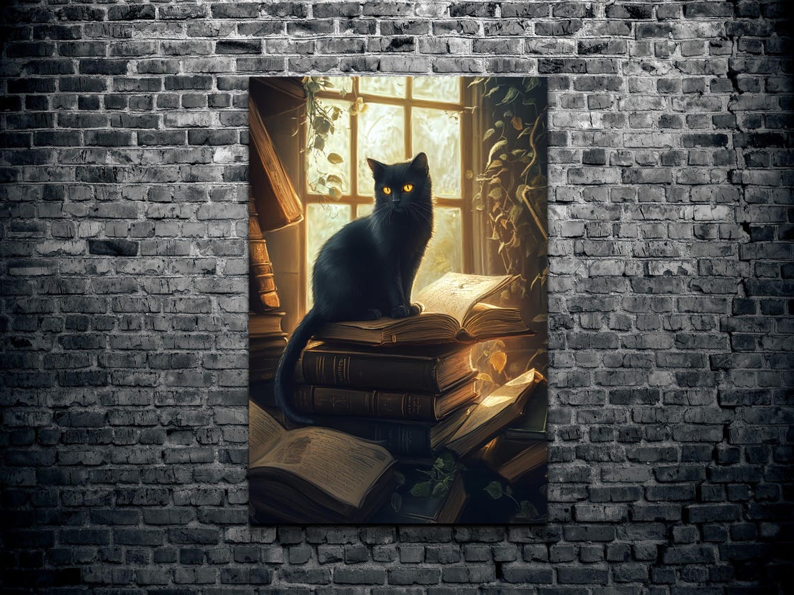 Black Cat Sitting on Old Books by Sunlit Window Vines Poster - Image 2