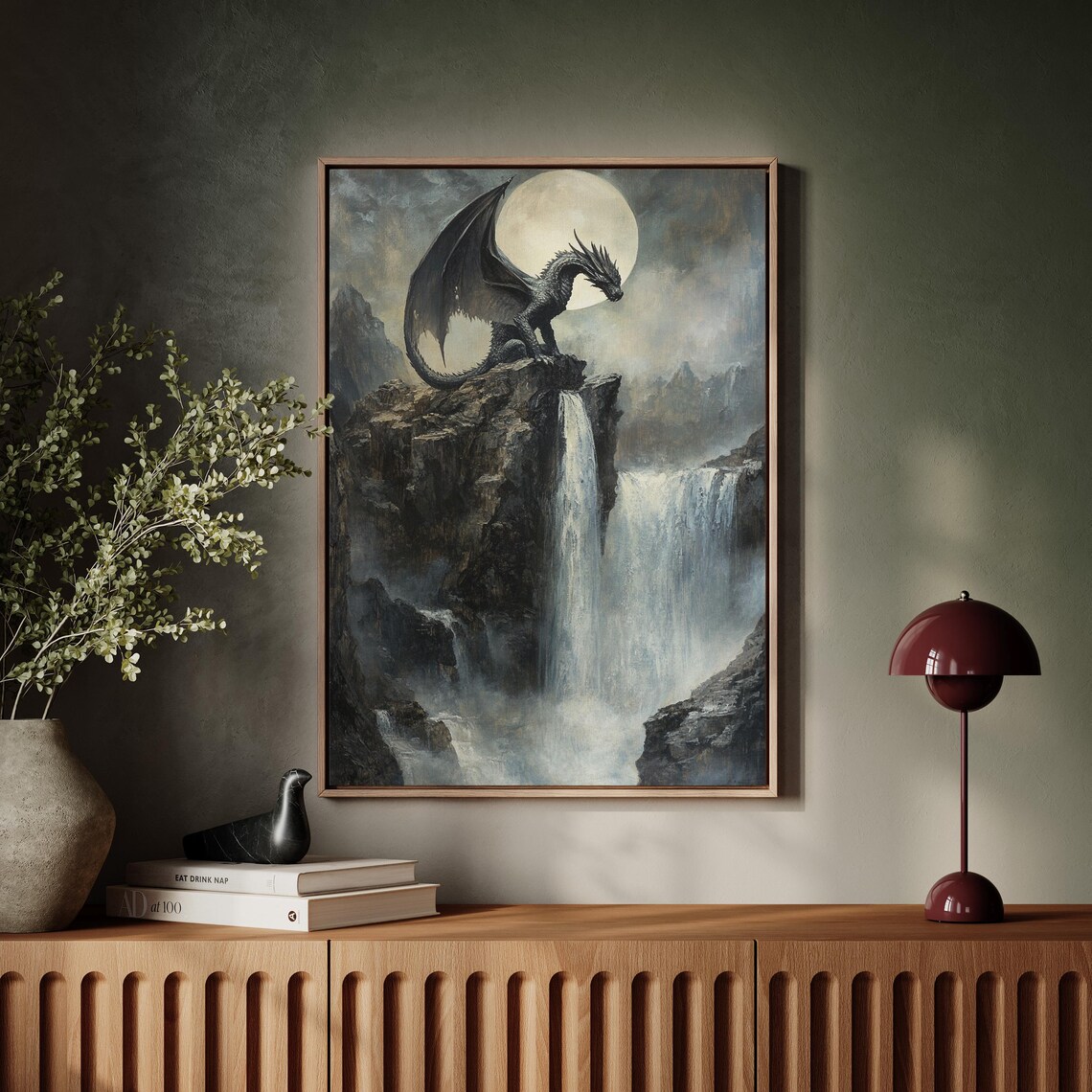 Majestic Dragon on Waterfall Cliff, Fantasy Art Print