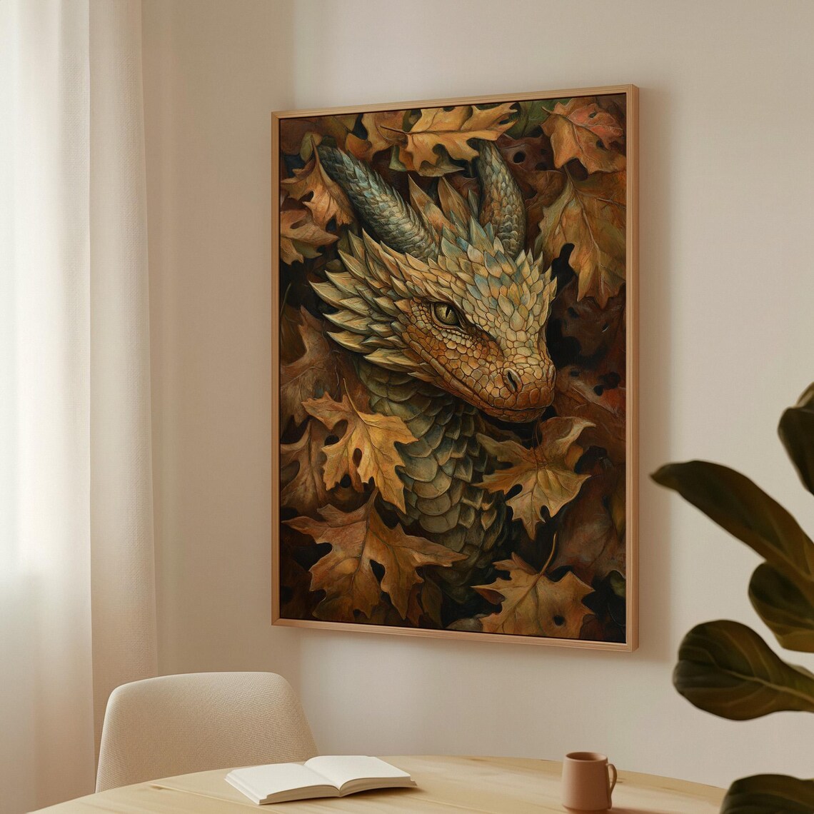 Golden Dragon Among Autumn Leaves Fantasy Art Painting Poster - Image 3