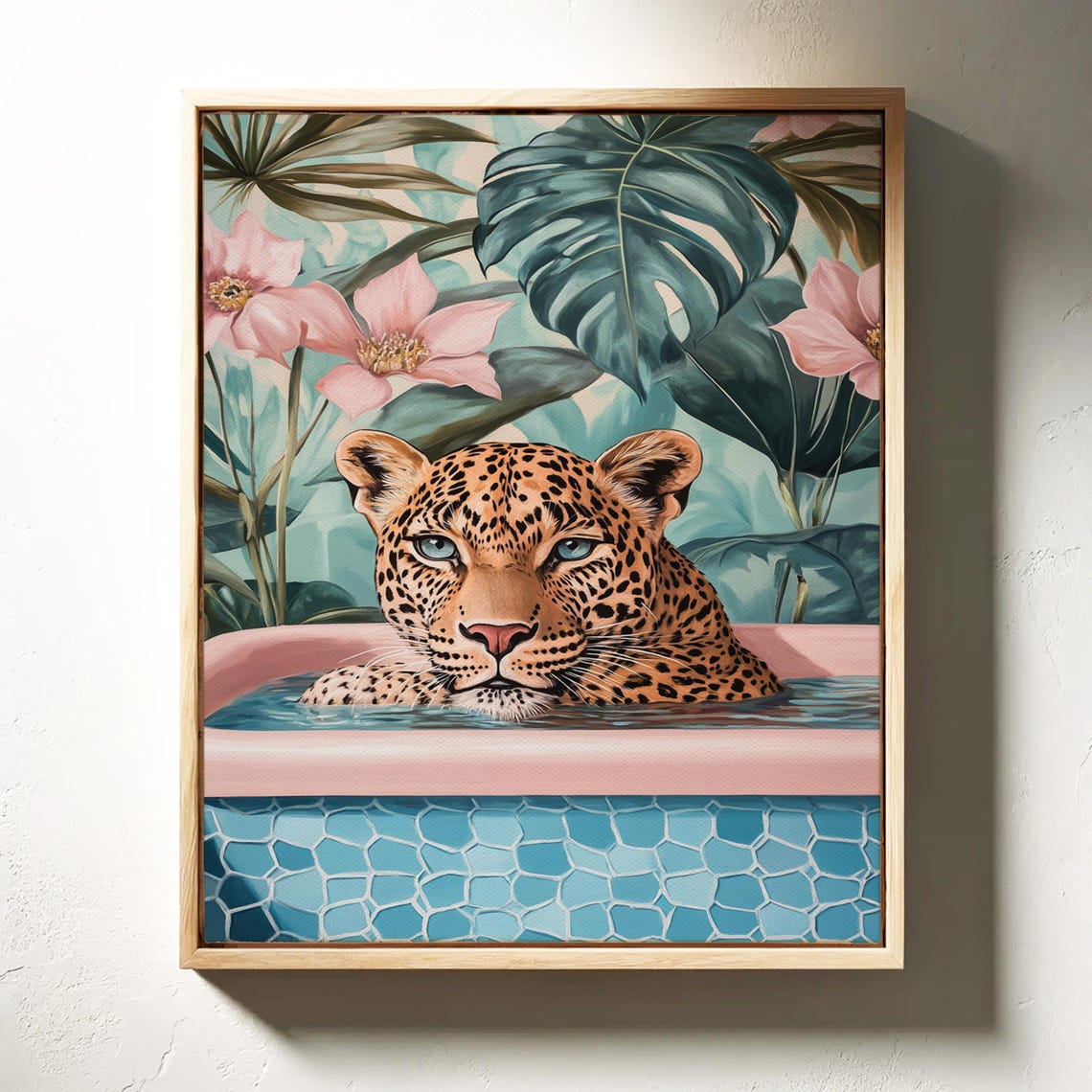 Leopard Bathing Tropical Pool Floral Jungle Whimsical Art Poster - Image 6