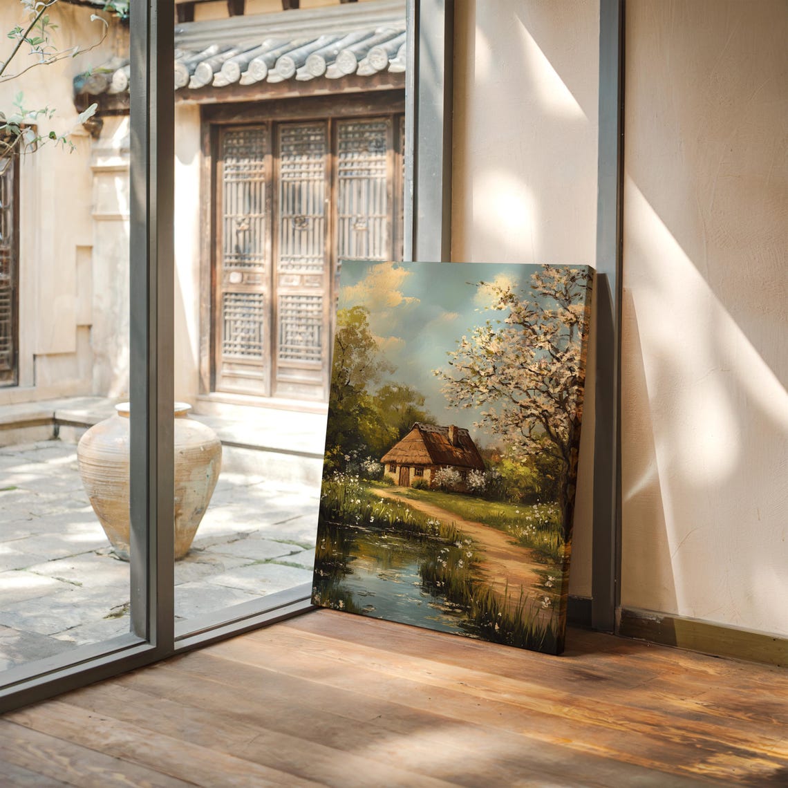 Spring Cottage by a Pond With Blossoming Tree Painting Poster - Image 5
