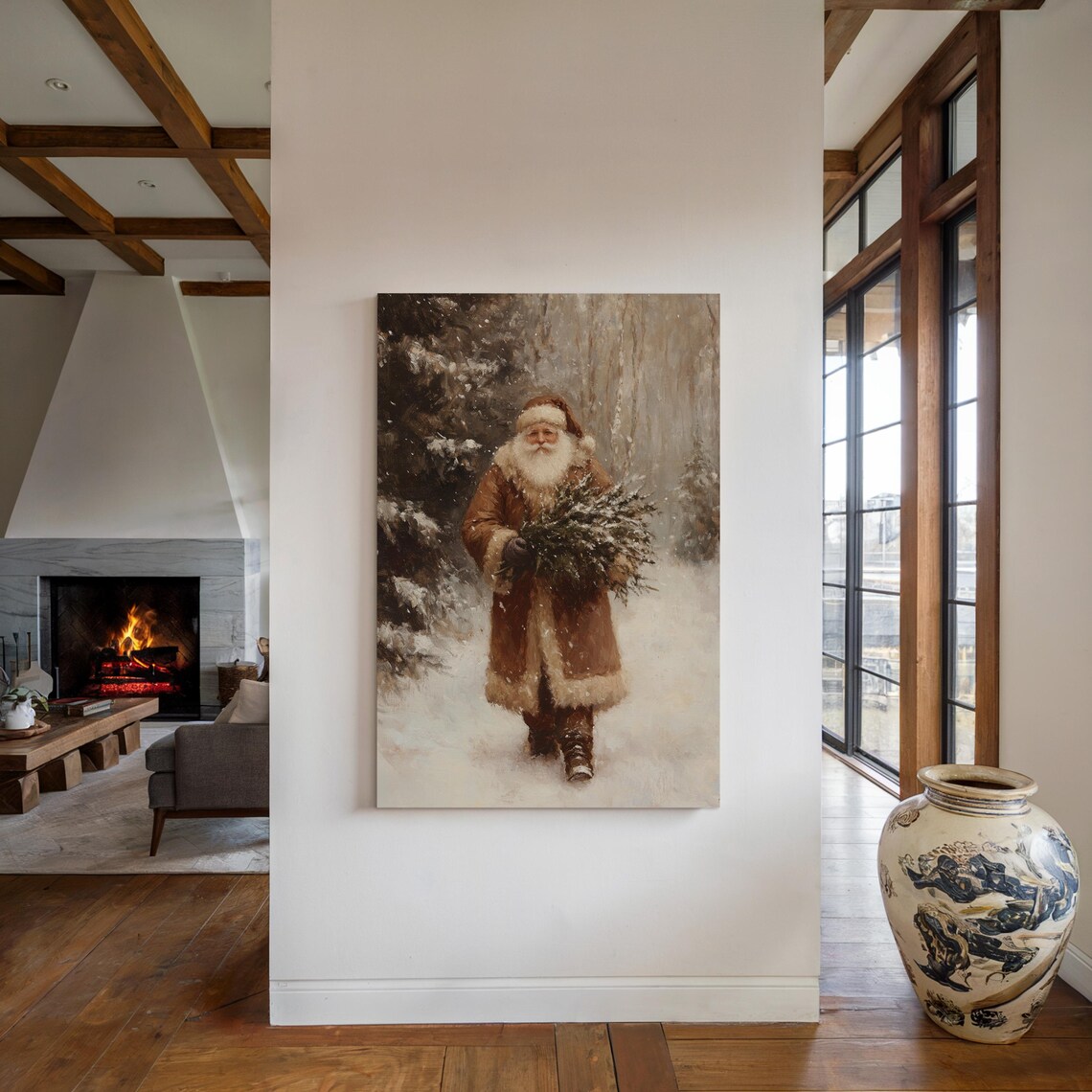 Vintage Santa Brown Fur Coat Snowy Woods Christmas Eve Poster - Image 4