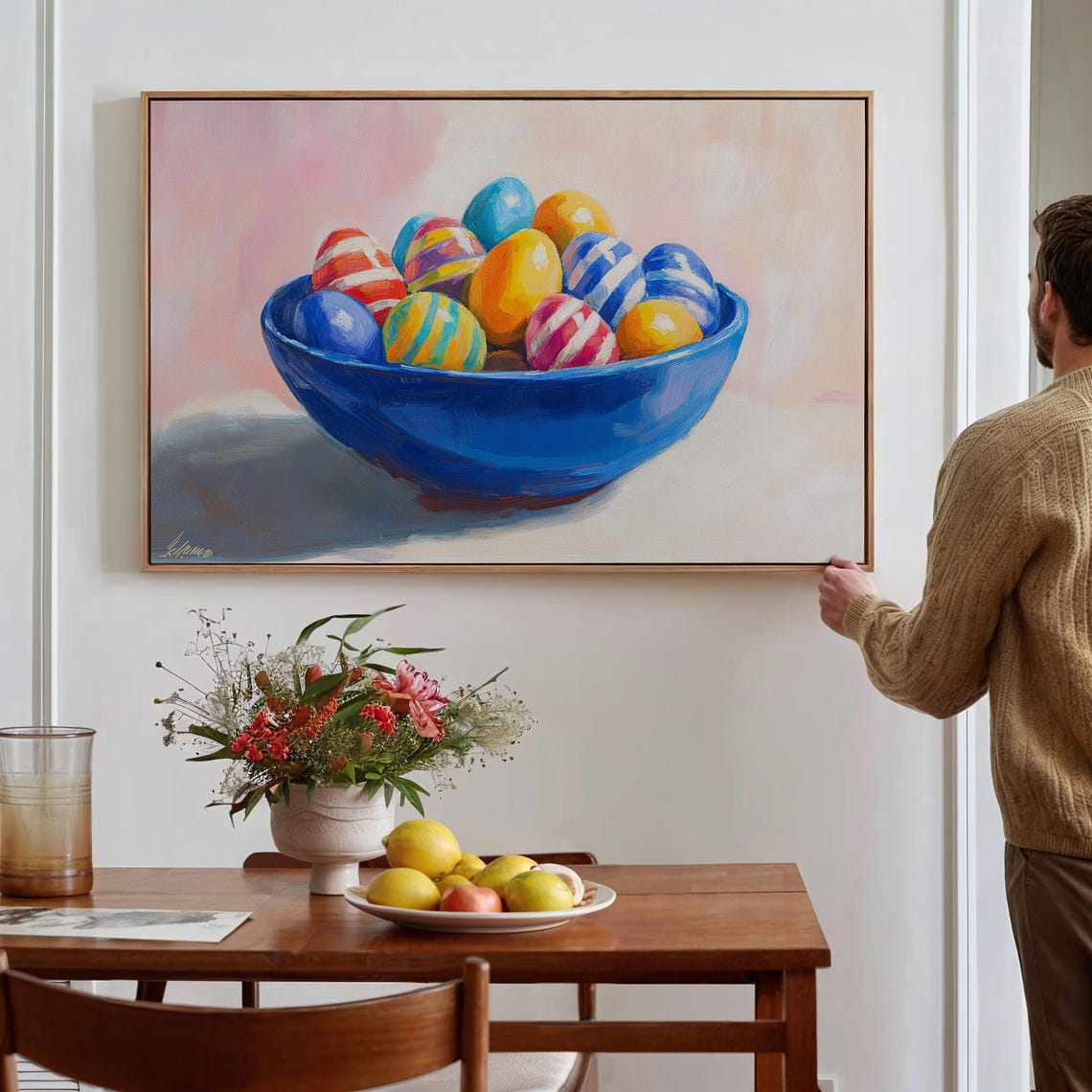 Colorful Easter Eggs in Blue Bowl Cheerful Spring Still Life Wall Art - Image 5