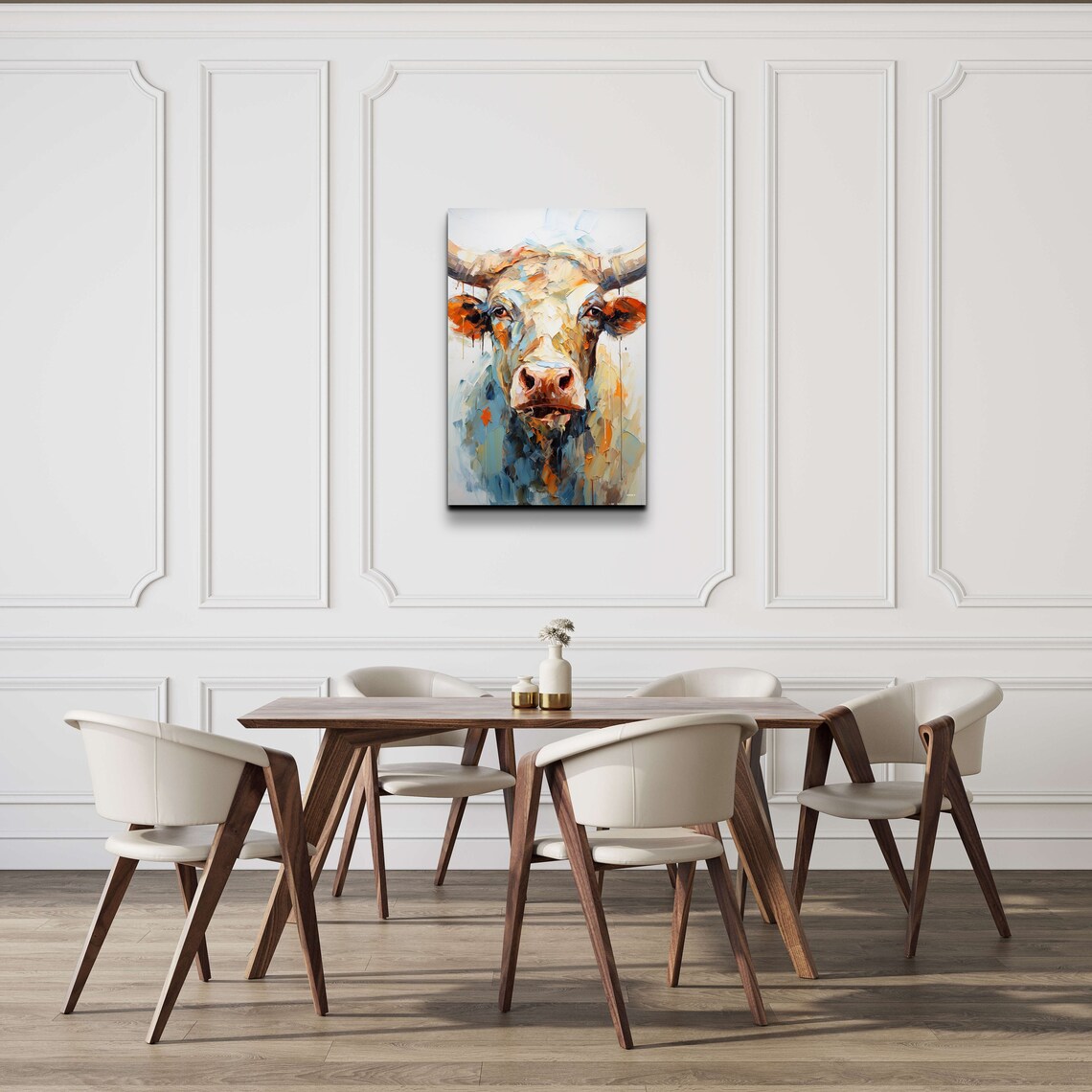 Longhorn Steer Portrait In Expressive Orange And Teal Oil Poster - Image 3