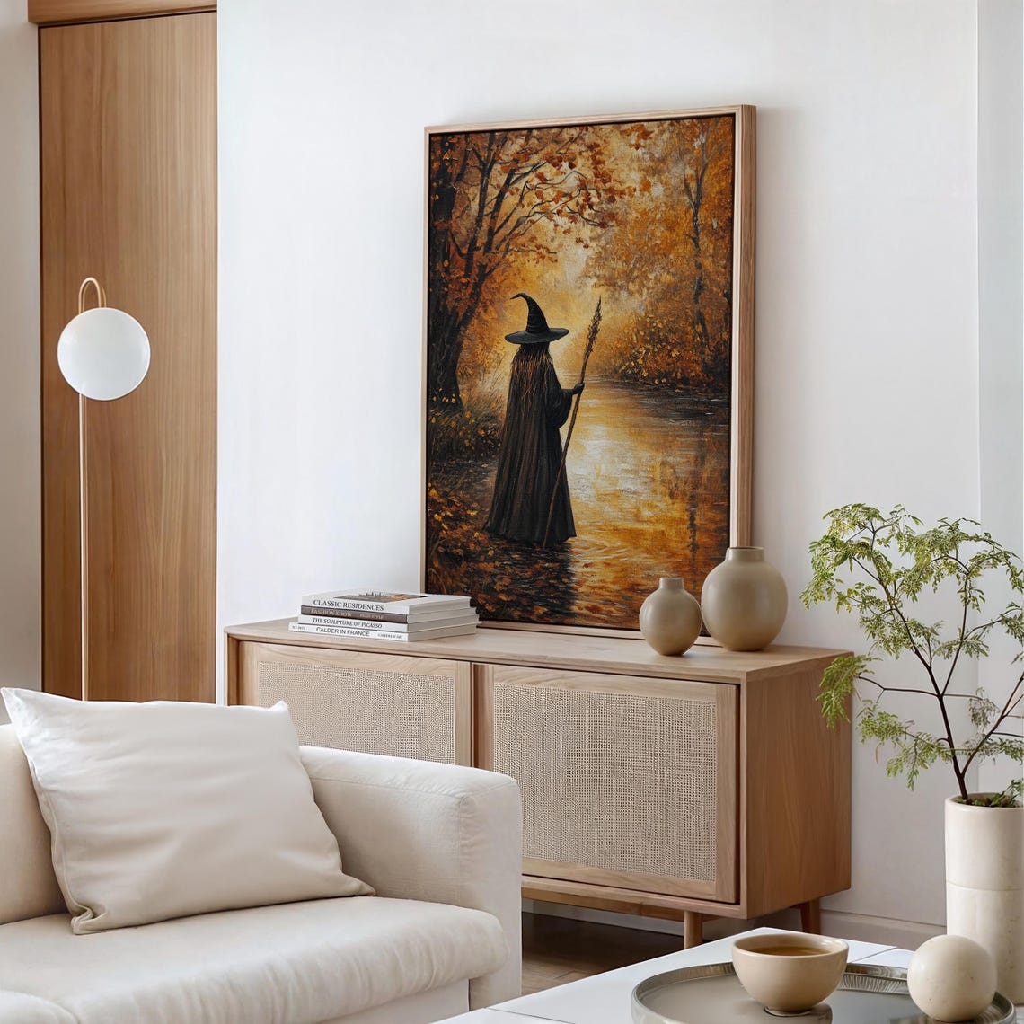 Mystical Witch Walking Along a Golden River in Autumn Forest Poster - Image 5