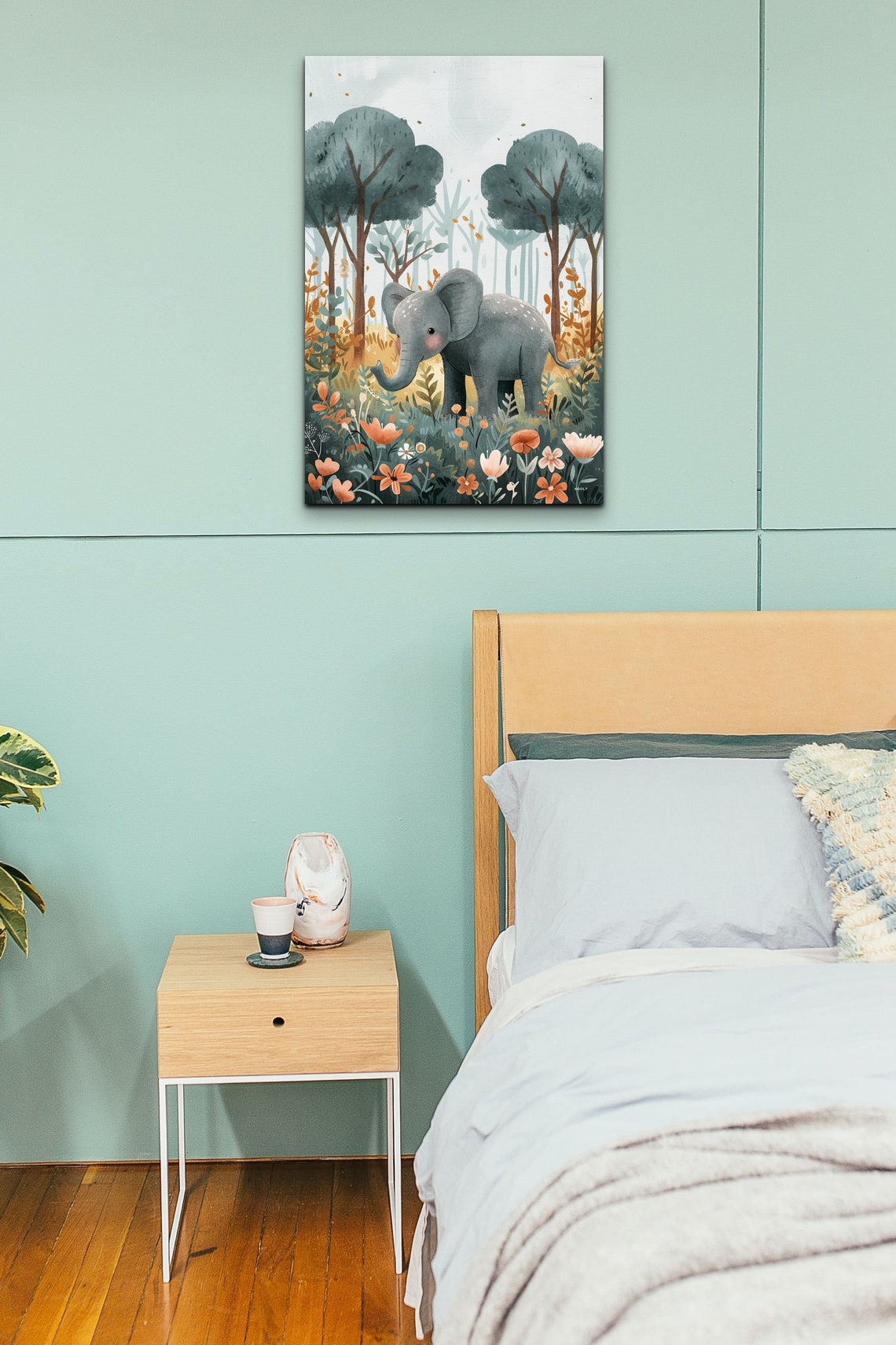 Cute Baby Elephant Watercolor Forest Nursery Kids Room Wall Art - Image 7