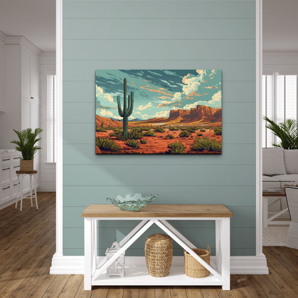Retro Desert Illustration Saguaro Cactus Red Rock Mesa Wall Art - Image 3