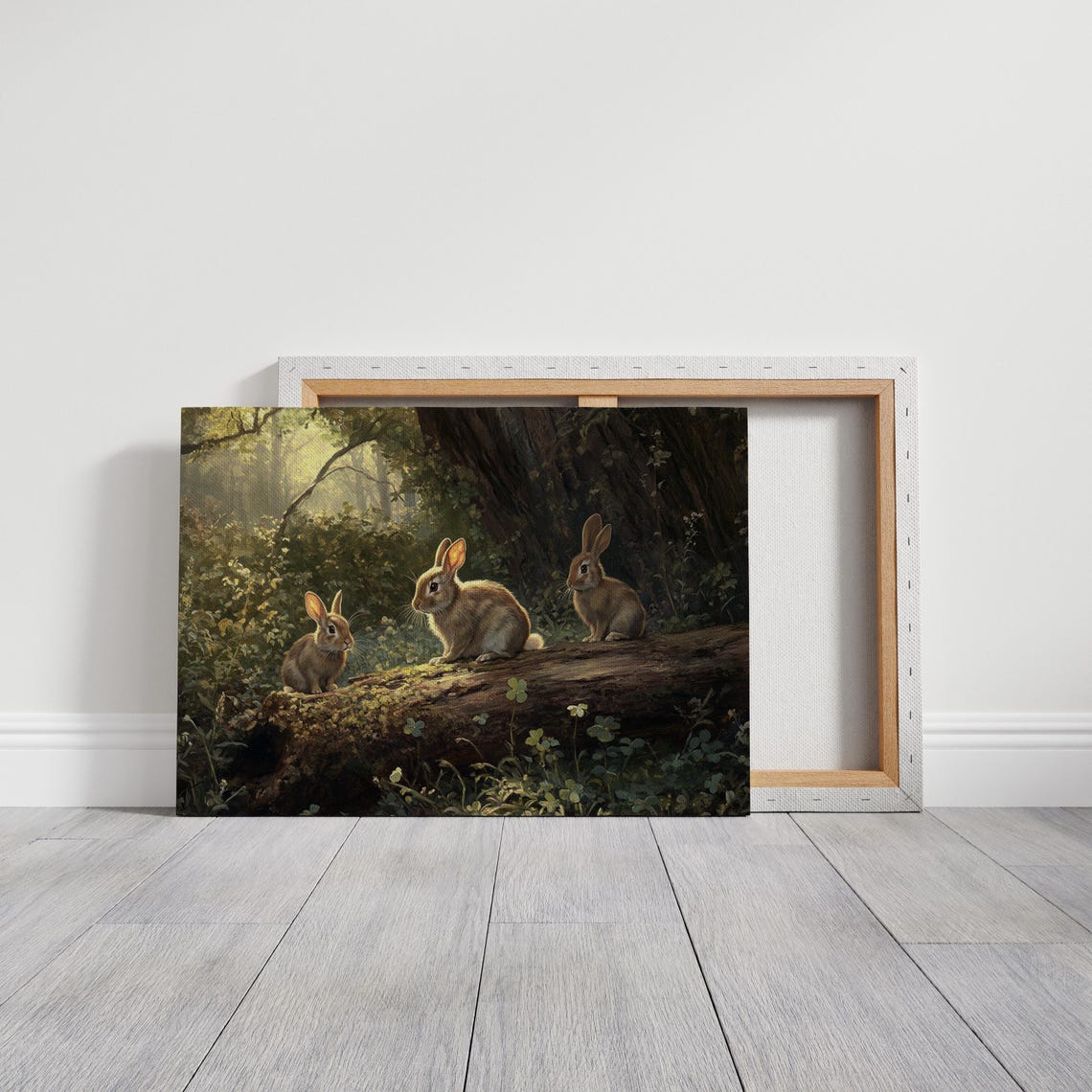 Three Rabbits on Mossy Log in Sunlit Forest Wildlife Painting Wall Art - Image 3