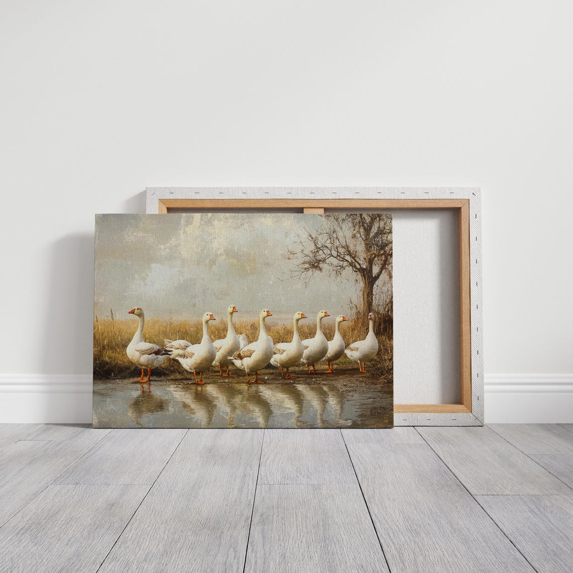 White Geese Standing In Shallow Water Soft Vintage Wildlife Art Print - Image 2