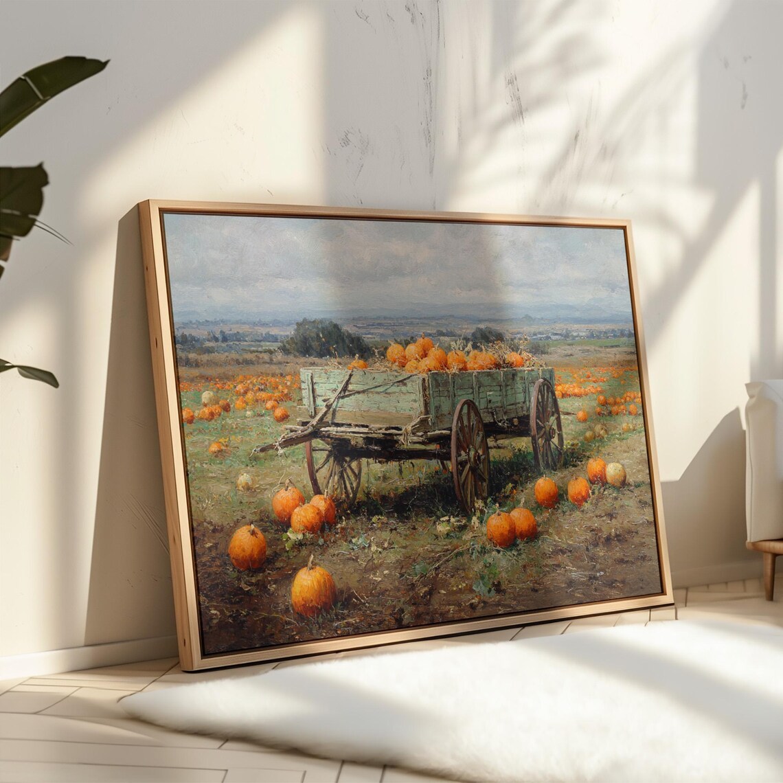 Pumpkin Wagon In Field Painting, Rustic Harvest Art Print
