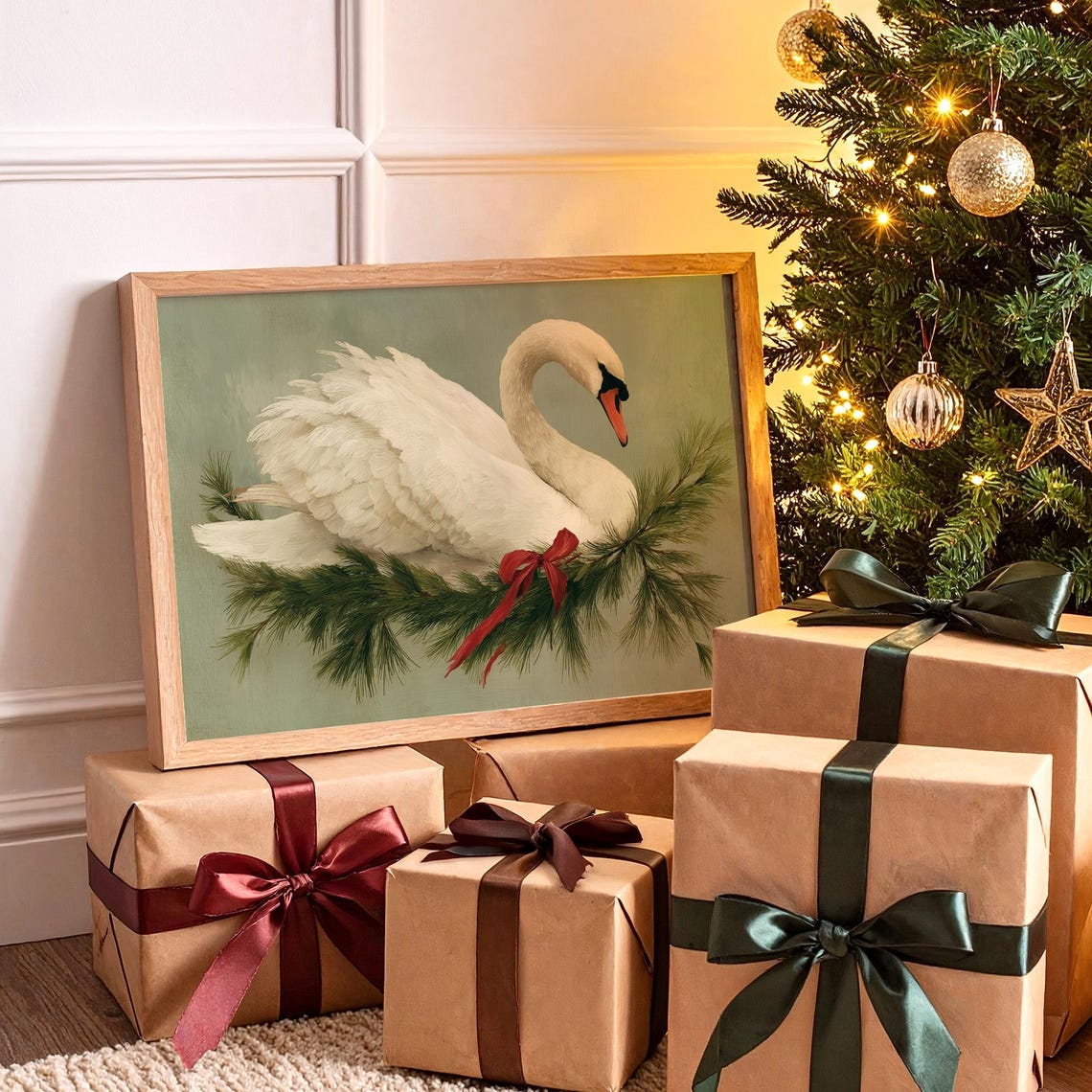 Elegant White Swan With Holiday Pine And Red Ribbon Christmas Poster