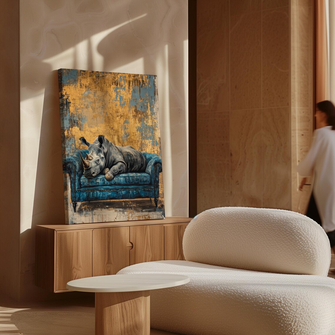 Relaxed Rhino Lounging on a Blue Velvet Couch Gold Art Poster - Image 7
