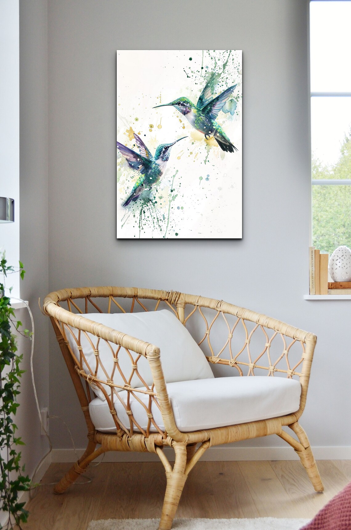 Two Turquoise Hummingbirds Dancing Midair Watercolor Splatter Poster - Image 3
