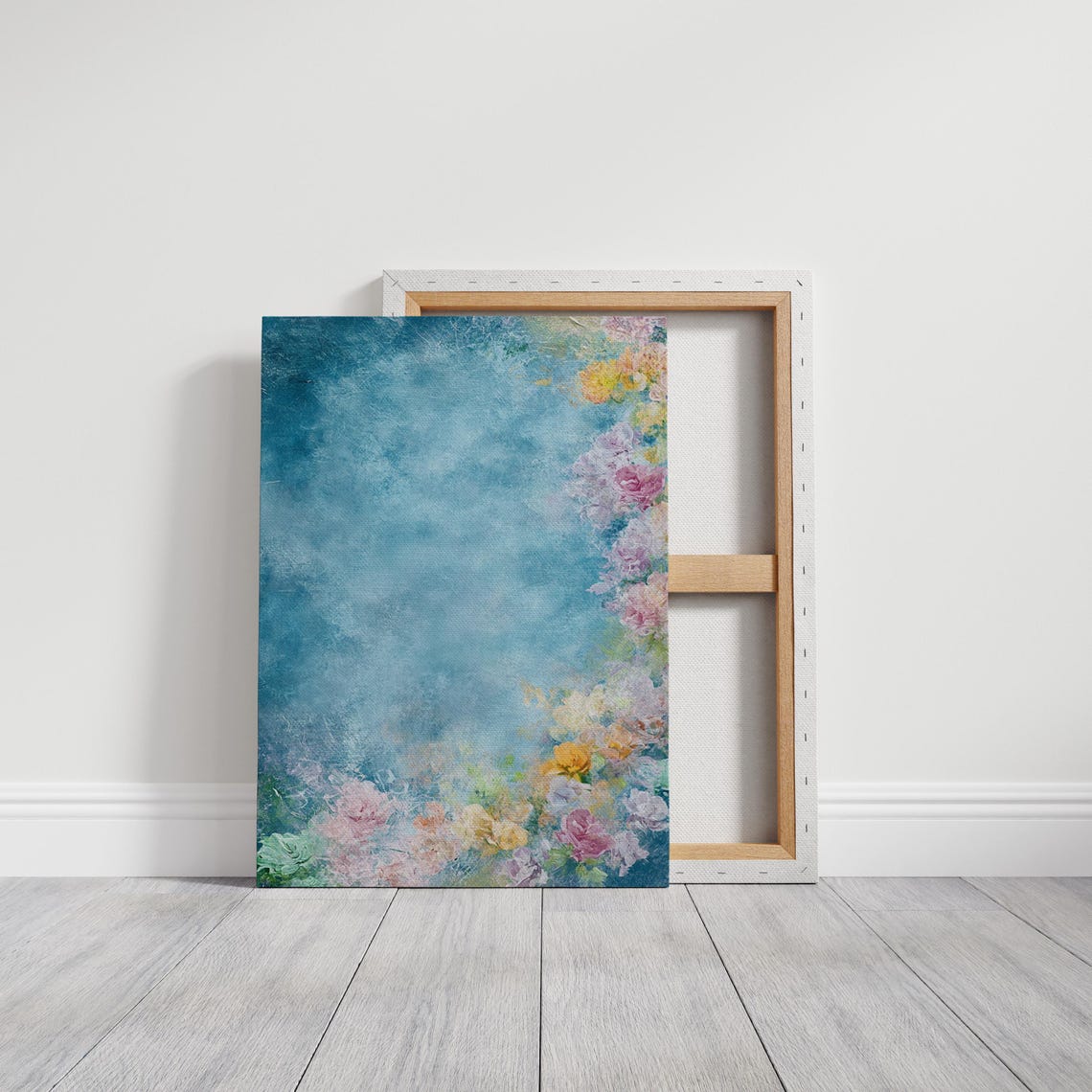 Pastel Blossoms On Teal Textured Abstract Floral Modern Art Poster - Image 3