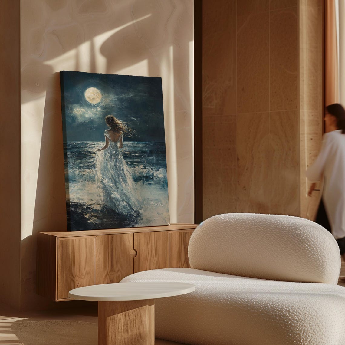 Woman in White Gown Under Full Moon by the Night Ocean Poster - Image 5