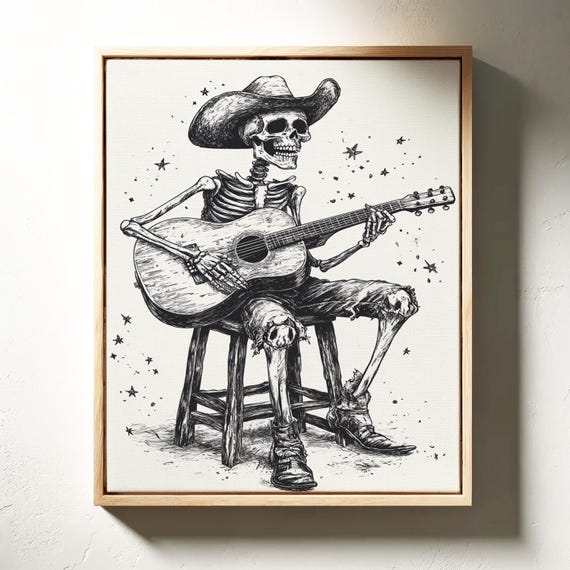 Rustic Cowboy Skeleton Playing Guitar Ink Illustration Wall Art For Western Gothic And Country Music Lovers