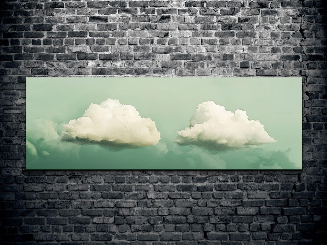 Two Soft Green Clouds on Mint Sky Calm Peaceful Cloudscape Art Poster - Image 2