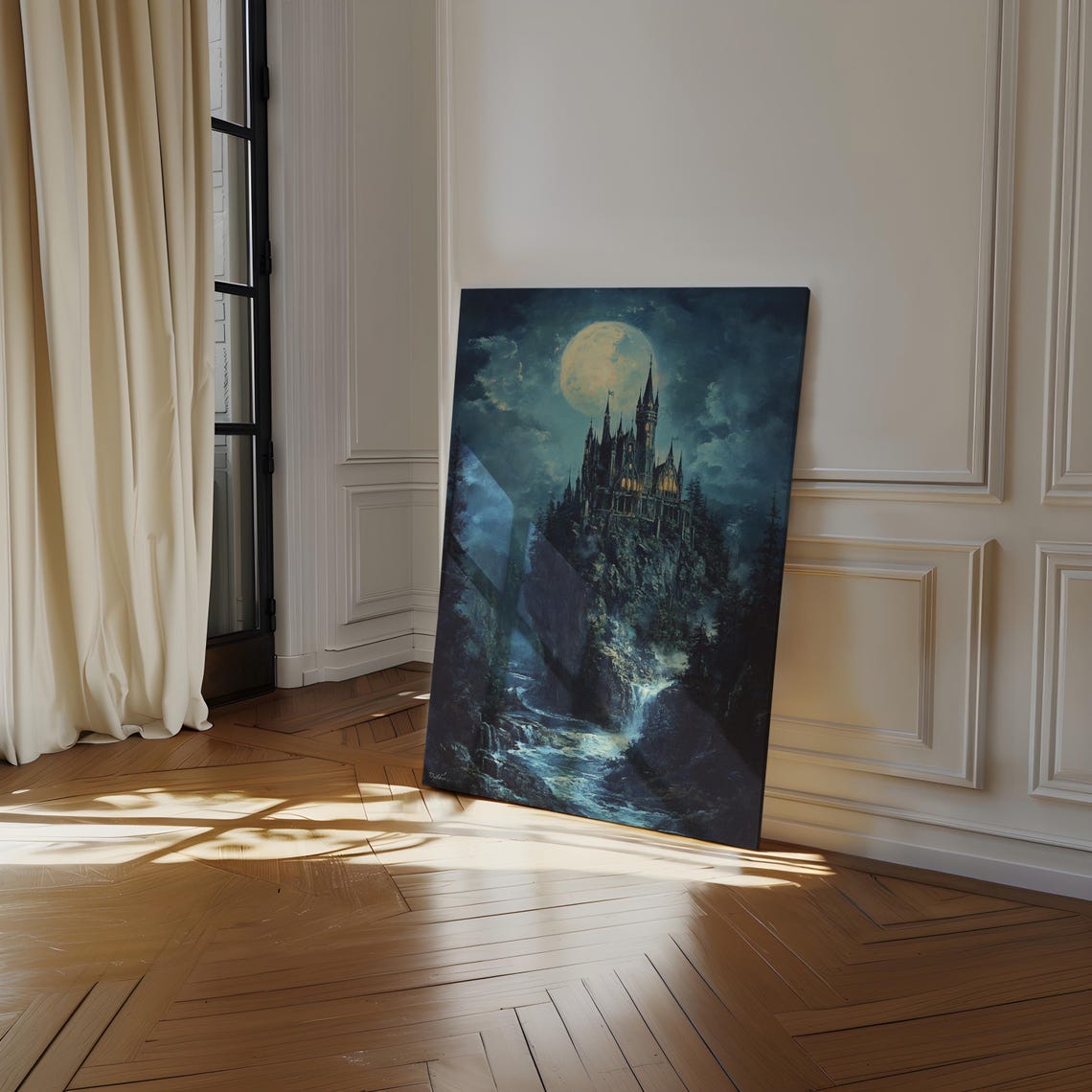 Gothic Castle On Cliff Art Full Moon Night Landscape Enchanted Waterfall Scene Fantasy Wall Decor For Home Or Office - Image 3