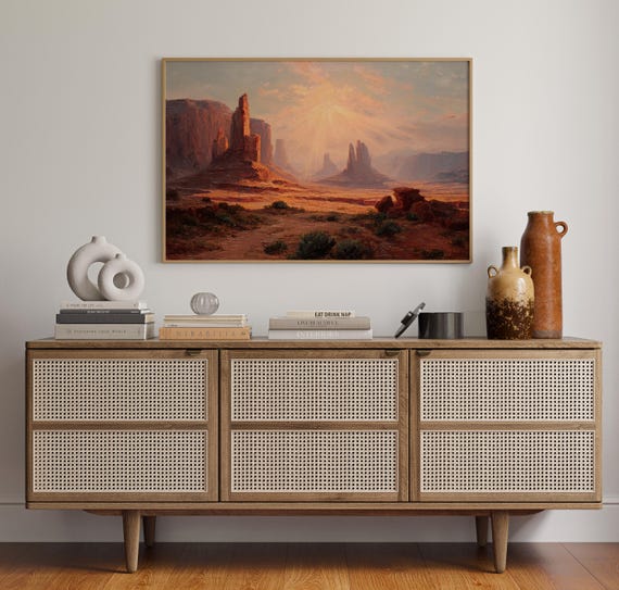 Southwest Desert Canyon Canvas Wall Art Monument Valley Inspired Red Rock Landscape Golden Sun Rays Painting Western Nature Home Dcor