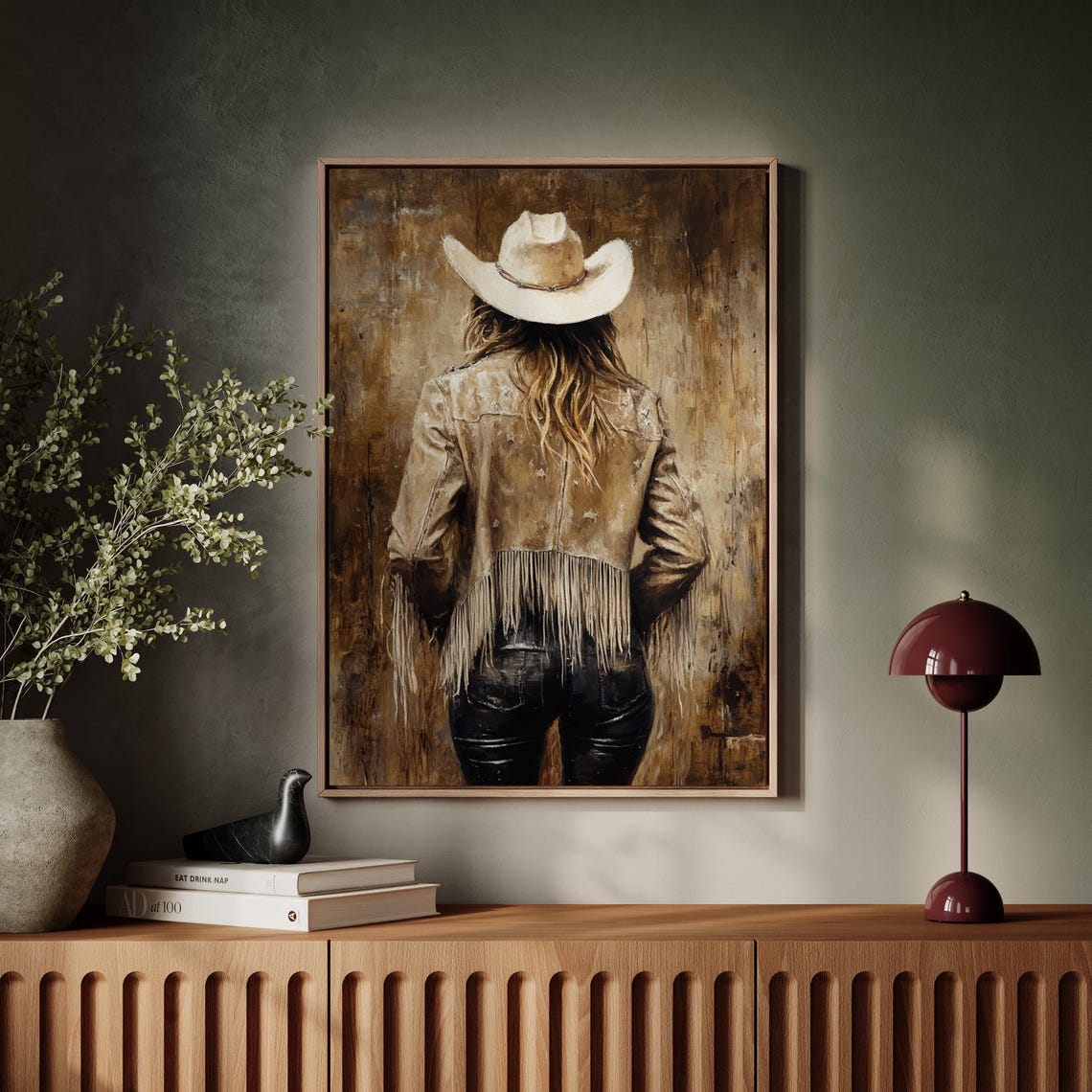 Cowgirl Back View in Tan Fringe Jacket Western Rustic Poster