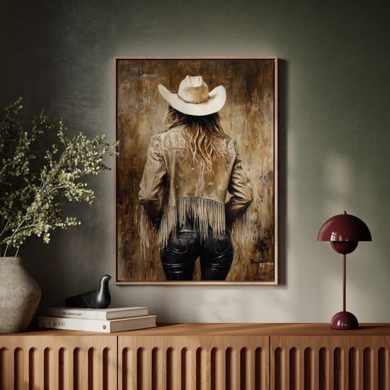 Cowgirl Back View Art Star Fringe Jacket Print Rustic Western Decor Vintage Country Girl Wall Art
