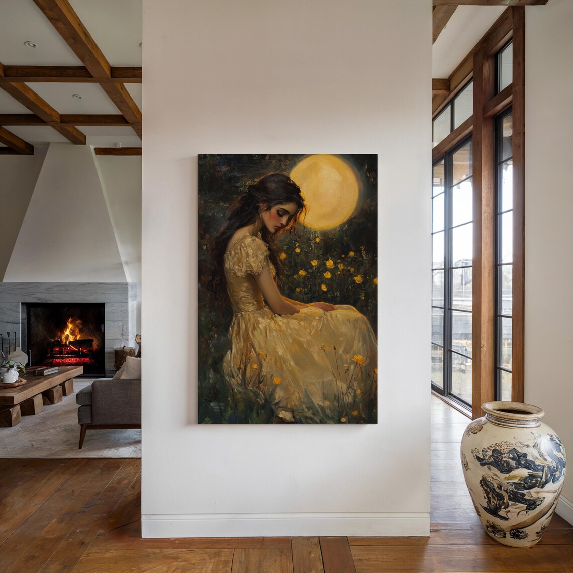 Elegant Woman Cream Gown Moonlit Meadow Yellow Flowers Poster - Image 4