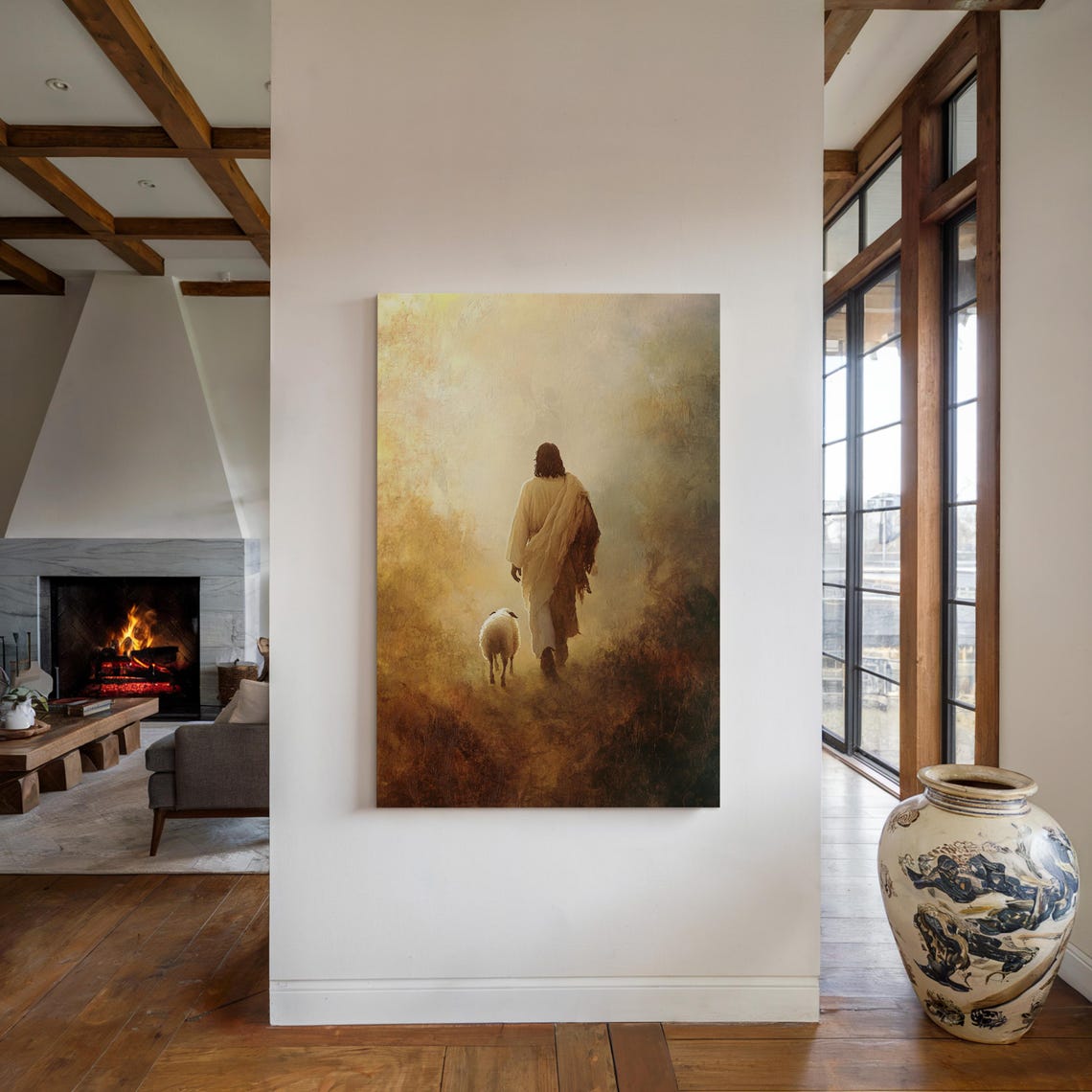 Jesus Walking With A Lamb Golden Field Peaceful Christian Poster - Image 4