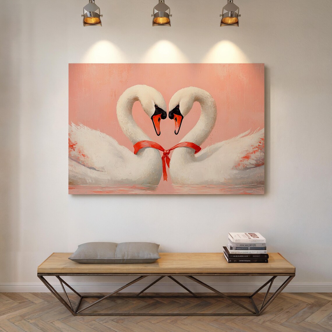 White Swans Forming Heart With Red Ribbon Romantic Painting Poster - Image 7