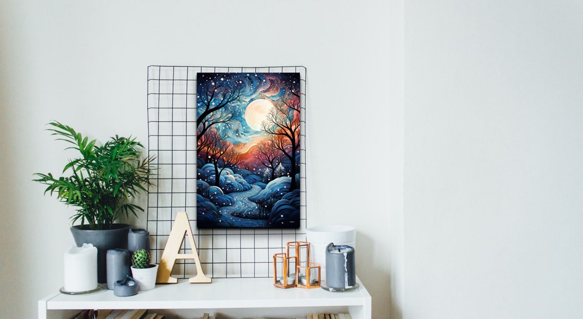 Starry Winter Night Full Moon Snowy Hills Whimsical Art Poster - Image 5