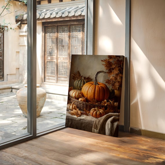 Basket of Pumpkins and Gourds with Autumn Leaves Still Life Poster