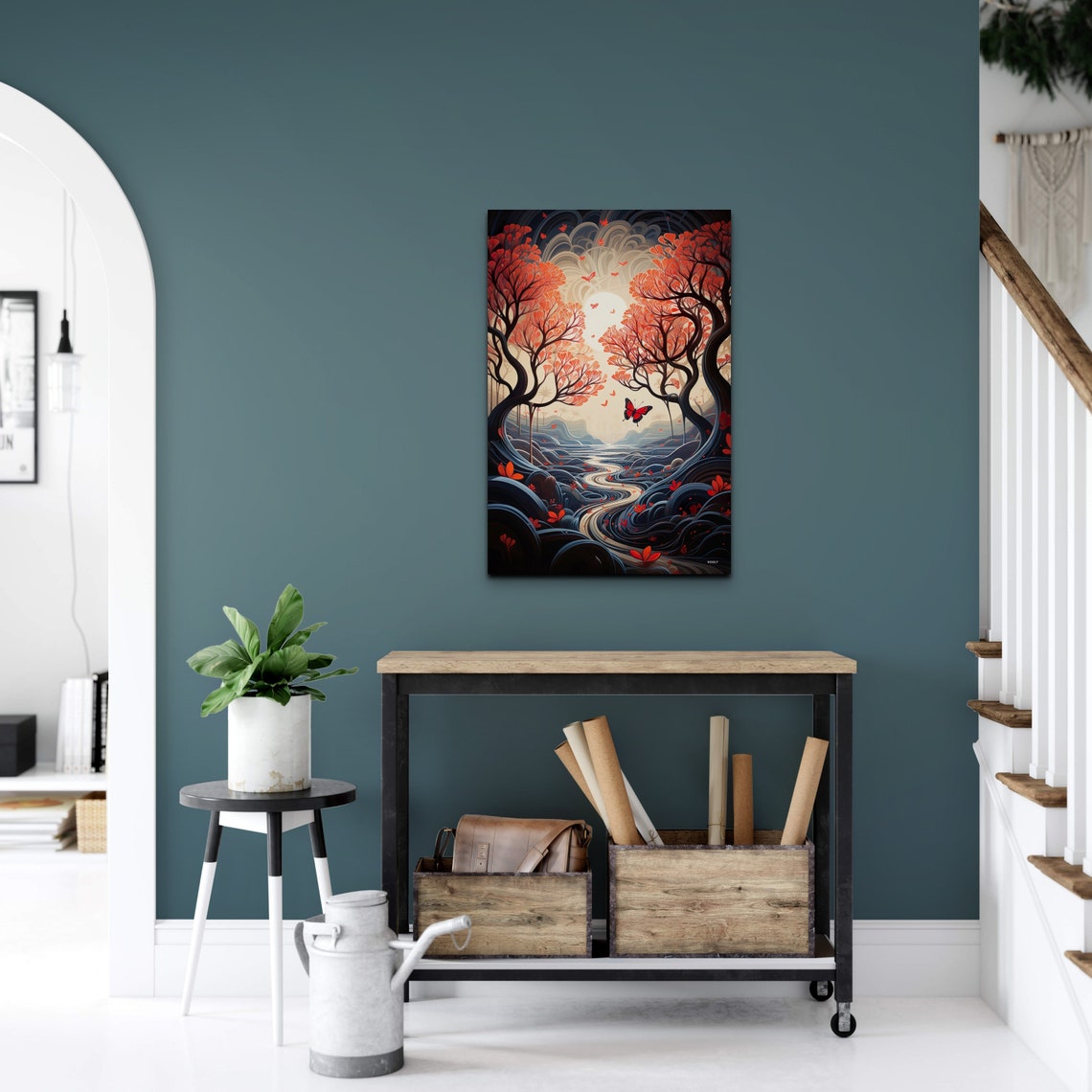 Red Forest Path With Butterfly Stylized Fantasy Night Art Poster - Image 7
