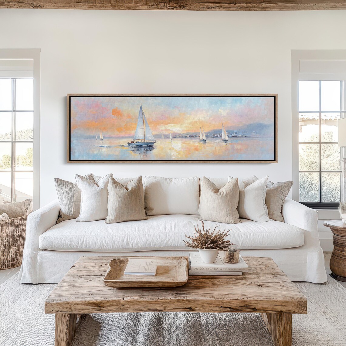 Sailboats At Sunset Calm Sea Panoramic Coastal Wall Travel Poster
