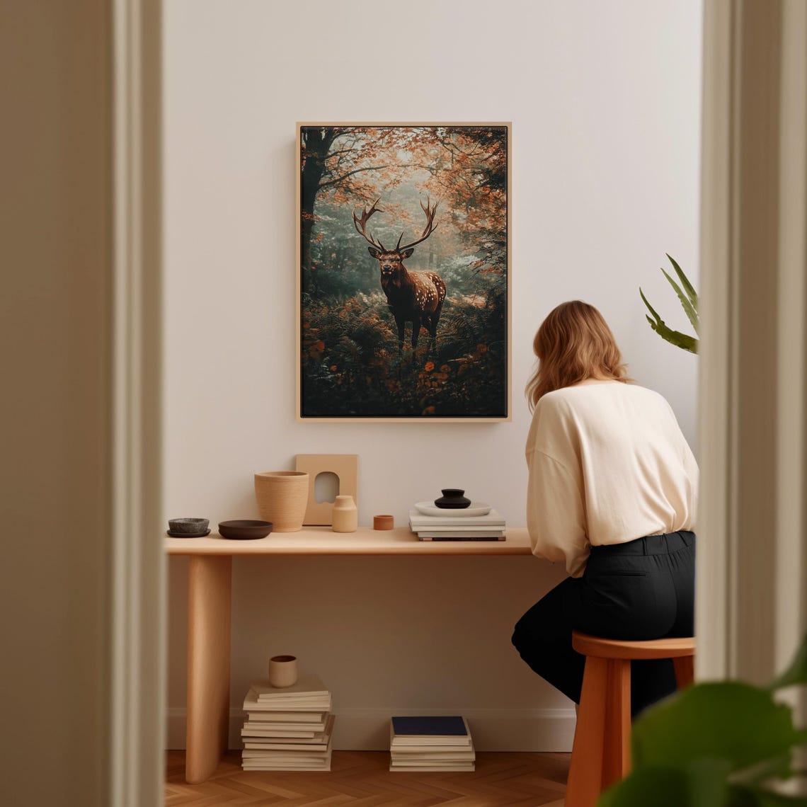 Standing Deer in Misty Autumn Forest Moody Wildlife Art Poster - Image 5