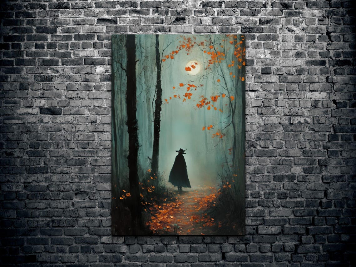 Witch Silhouette in Misty Autumn Forest Under Moonlight Poster - Image 2