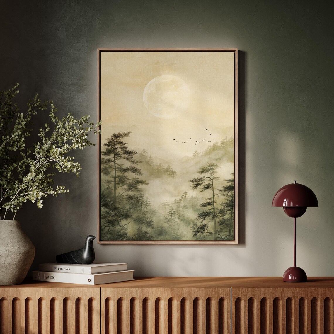 Misty Foggy Pine Forest Full Moon Flying Birds Serene Poster